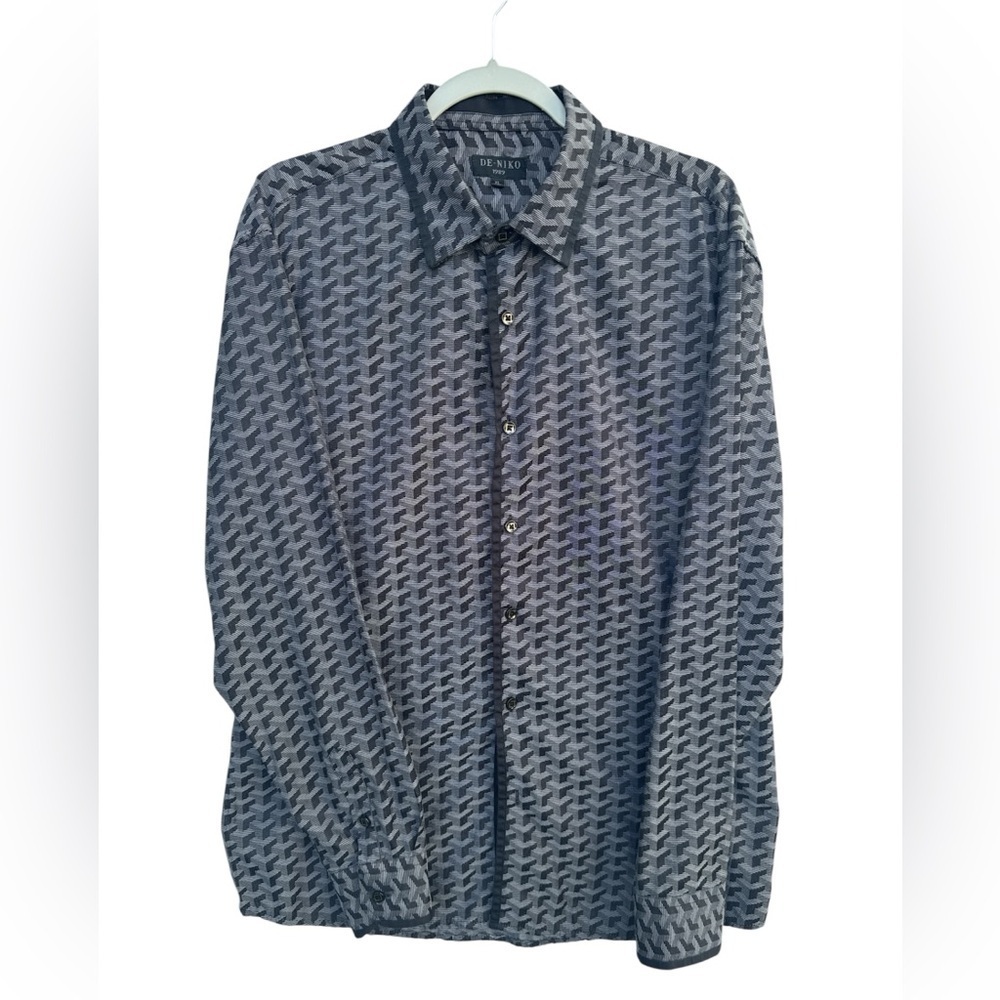 DE-NIKO Men's Black and Gray Geometric Button Down Shirt size xl